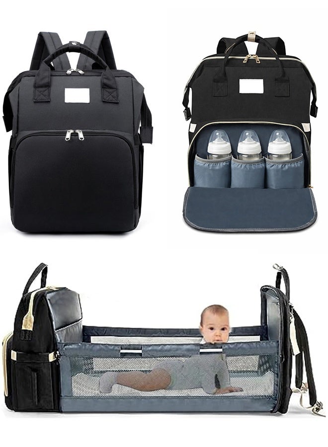 TAPIT 2 in 1 Diaper Bag Backpack Multi-Functional Travel Organizer With Foldable Bassinet Portable Crib Waterproof Large Capacity Mummy Bag (Black) - Image 1
